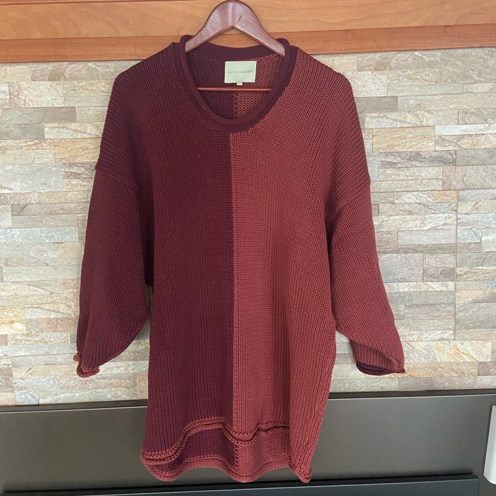Aliya Wanek Two-Tone Burgundy Crewneck Knit Sweater